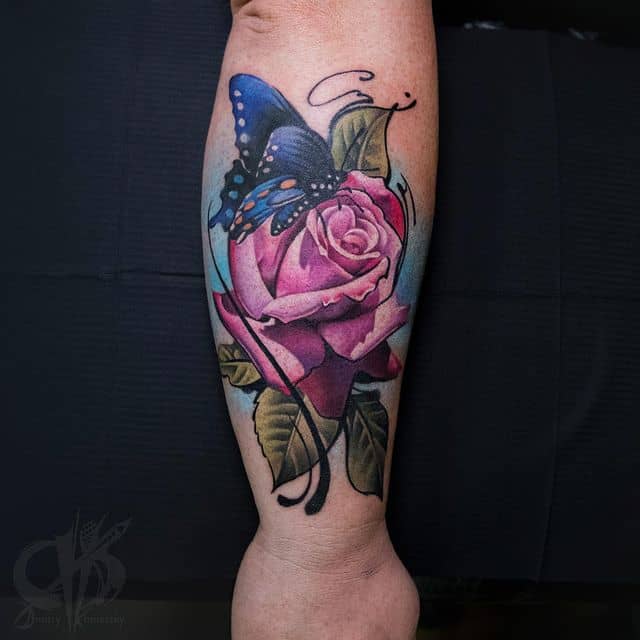 Realistic colorful rose tattoo