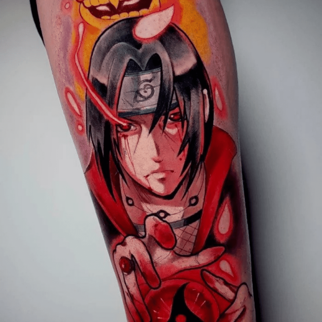 Manga tattoo in kleur op kuit, krijger met gekleurde bol.