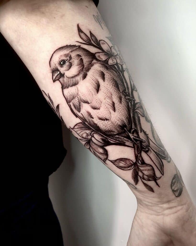 Black and grey tattoo van een vogeltje die op een tak zit op een onderarm. Gezet bij Inksane tattoo en piercing