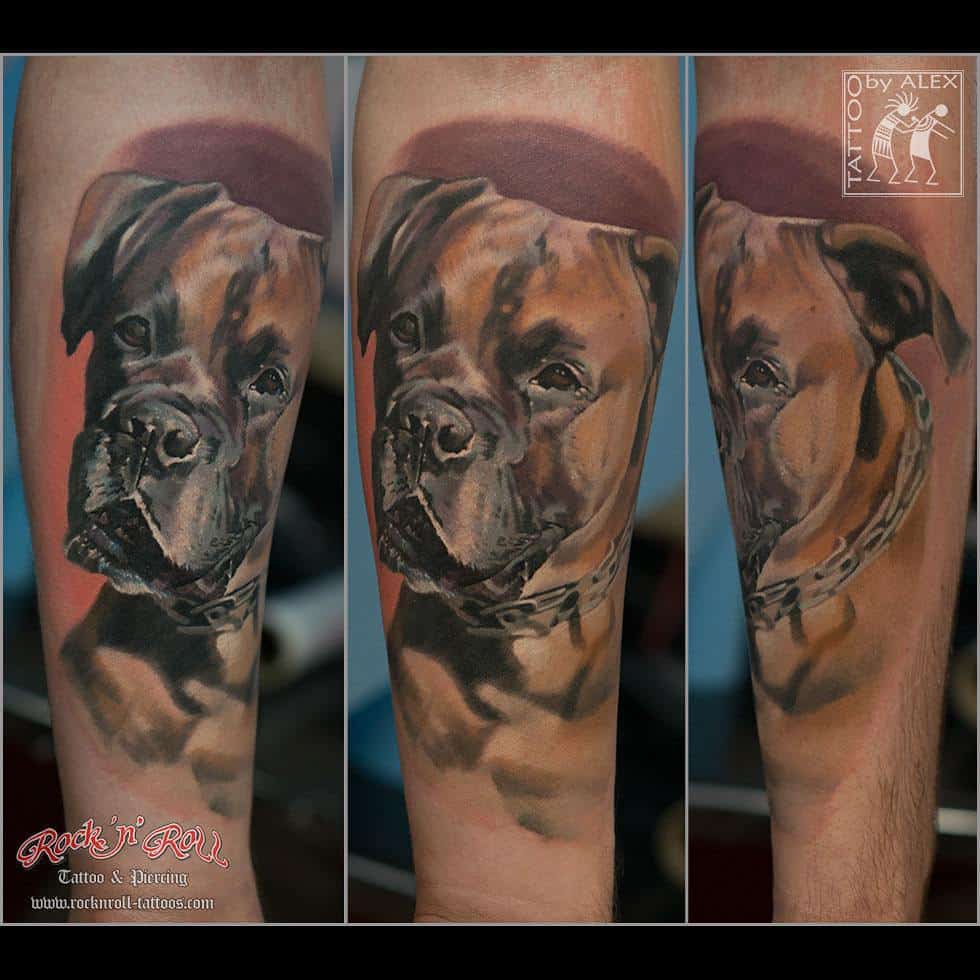 Kleur realisme Boxer portret op onderarm gezet bij Inksane tattoo en piercing.
