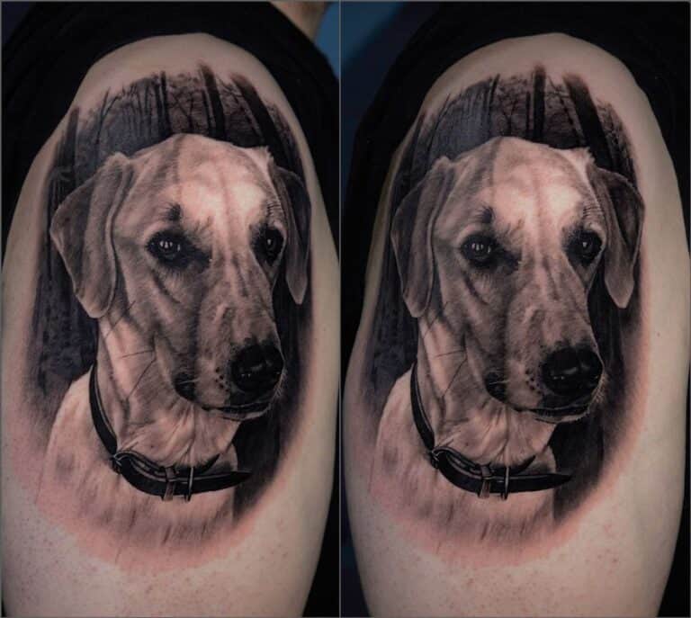 Black and grey hondenportret op de bovenarm, gezet bij Inksane tattoo en piercing.