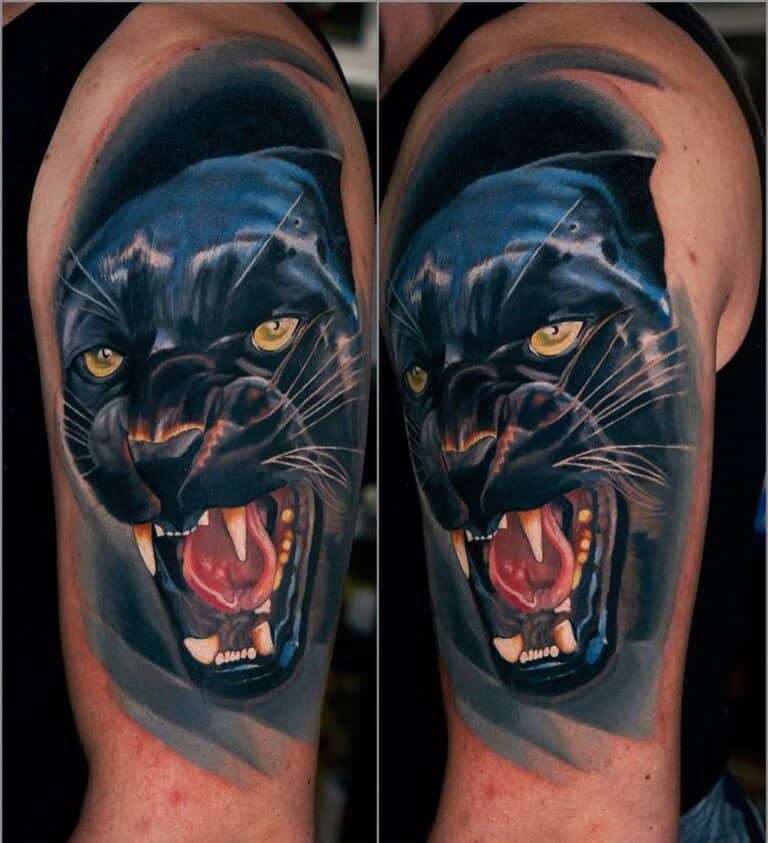Kleur realisme tattoo van een zwarte panter op de bovenarm. Gezet bij Inksane tattoo en piercing door artiest Al Minz.