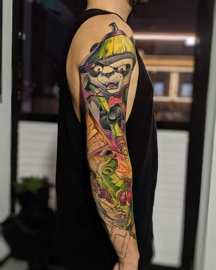 Full color, new school sleeve with a panda and a dragon.