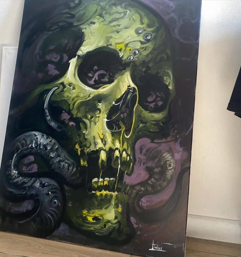 Oil painting of a skull by Patiri.