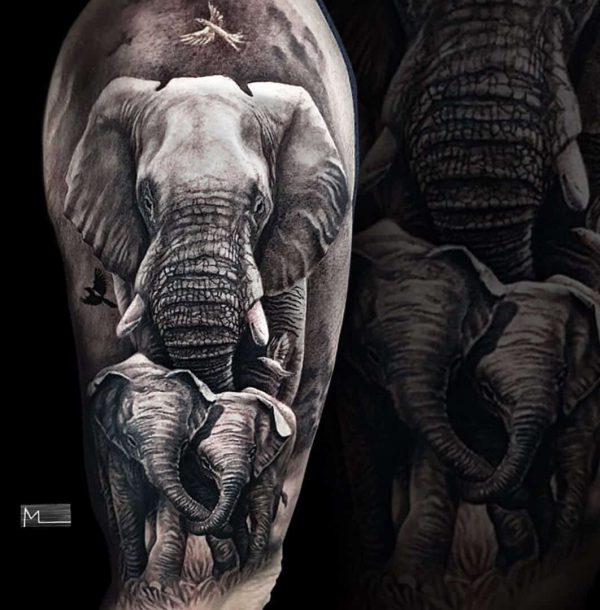 tattoo black grey realism elephant Oleg Magnus