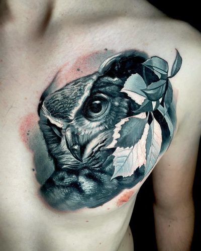 photorealism owl chest tattoo