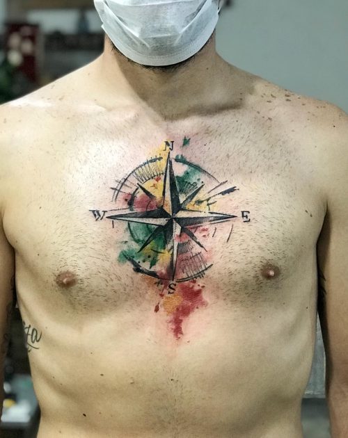 watercolor chest tattoo compass